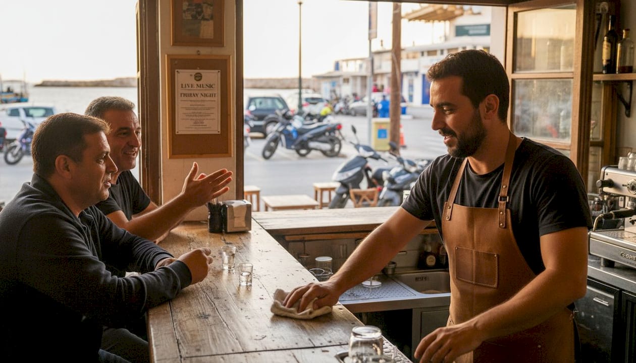 Bar ob pristanišču z domačini blizu pristanišča Samos