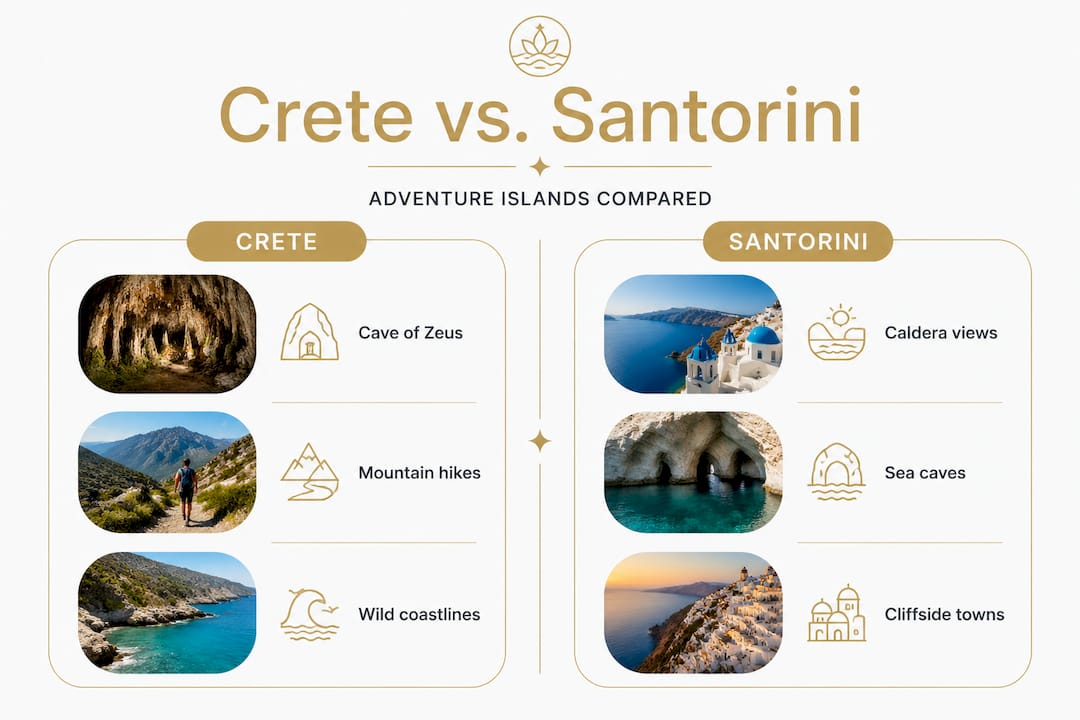 Infographic comparing adventure features of Crete and Santorini