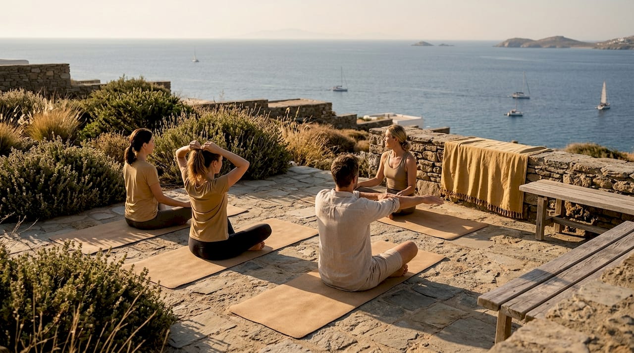 Guests practice yoga by Aegean seafront