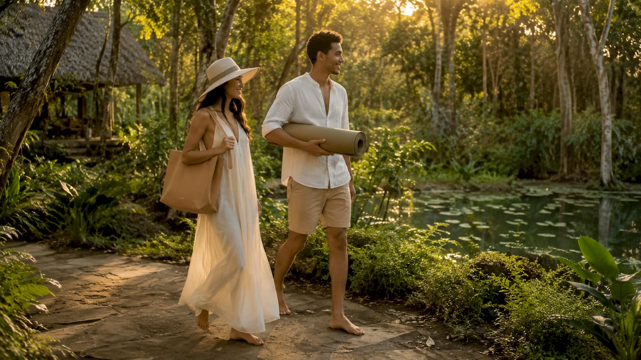 Couple enjoying slow travel walk on sunset beach