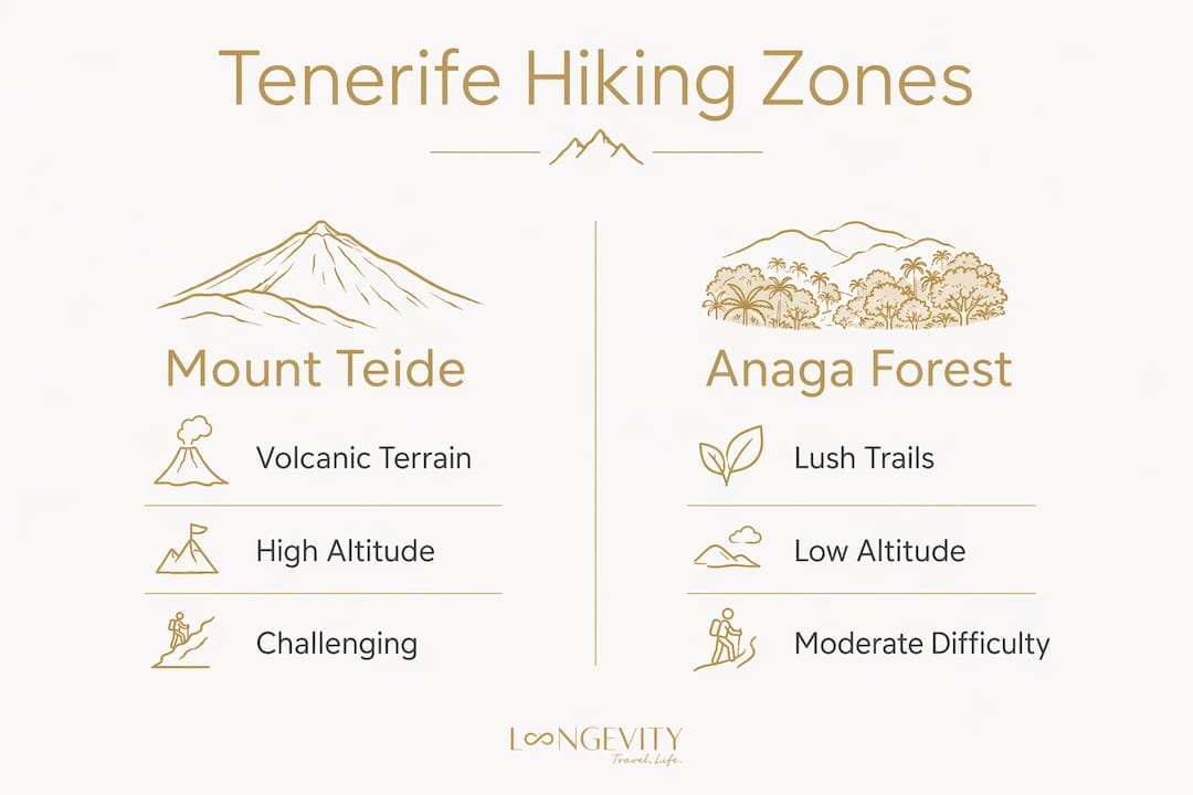 Infografika, ki primerja značilnosti pohodništva na gori Teide in v gozdu Anaga