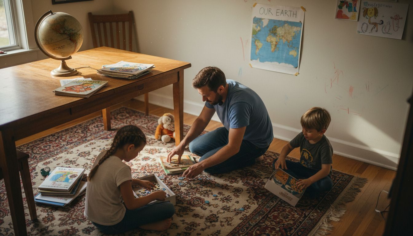 Family prepares dining room for board game session