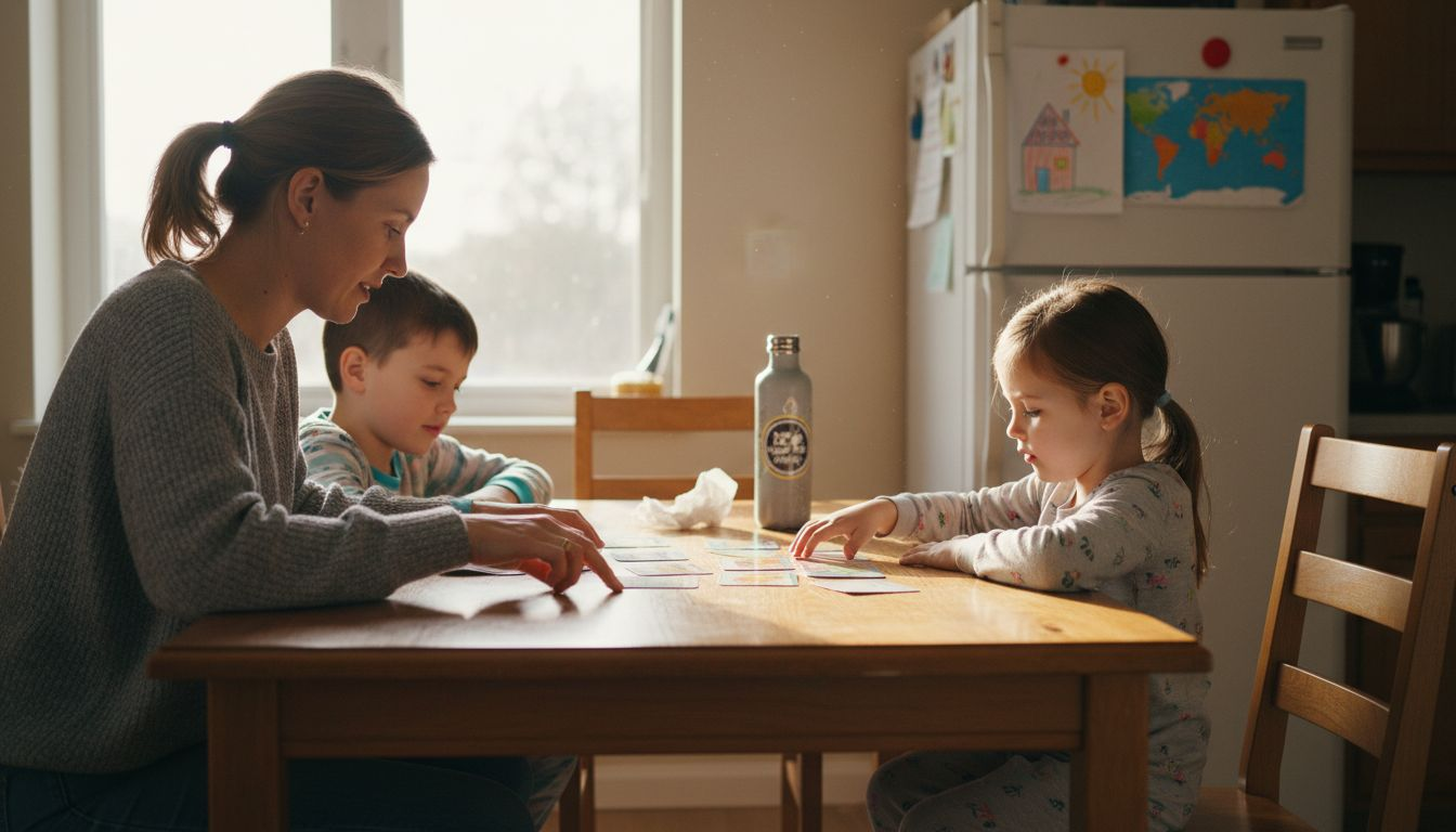 Family learning with geography cards at table
