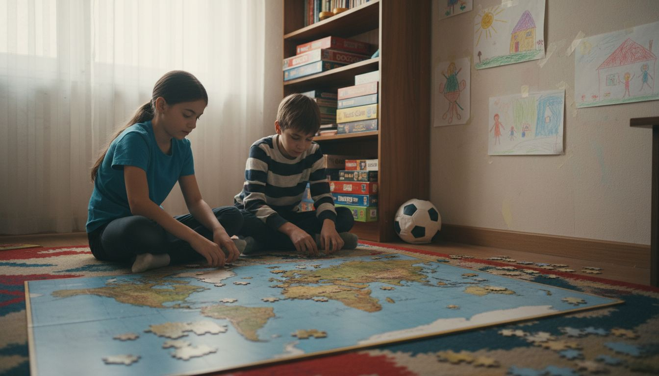 Kids solving geography puzzle on floor