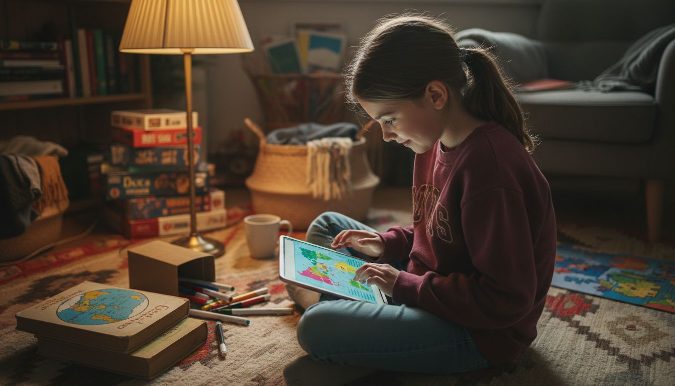 Child using tablet for geography game