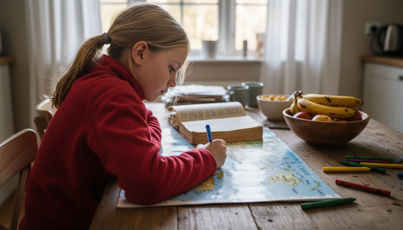 Child studying country map at table