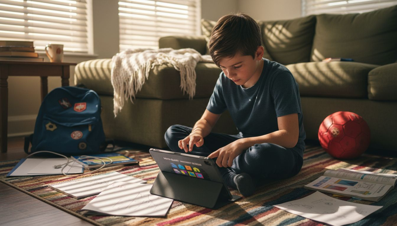 Child learning on tablet in home setting