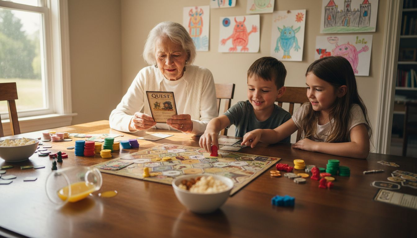 Children and grandparent playing teamwork board game