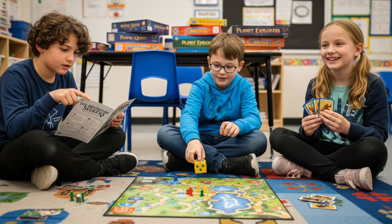 Children cooperating on board game in classroom