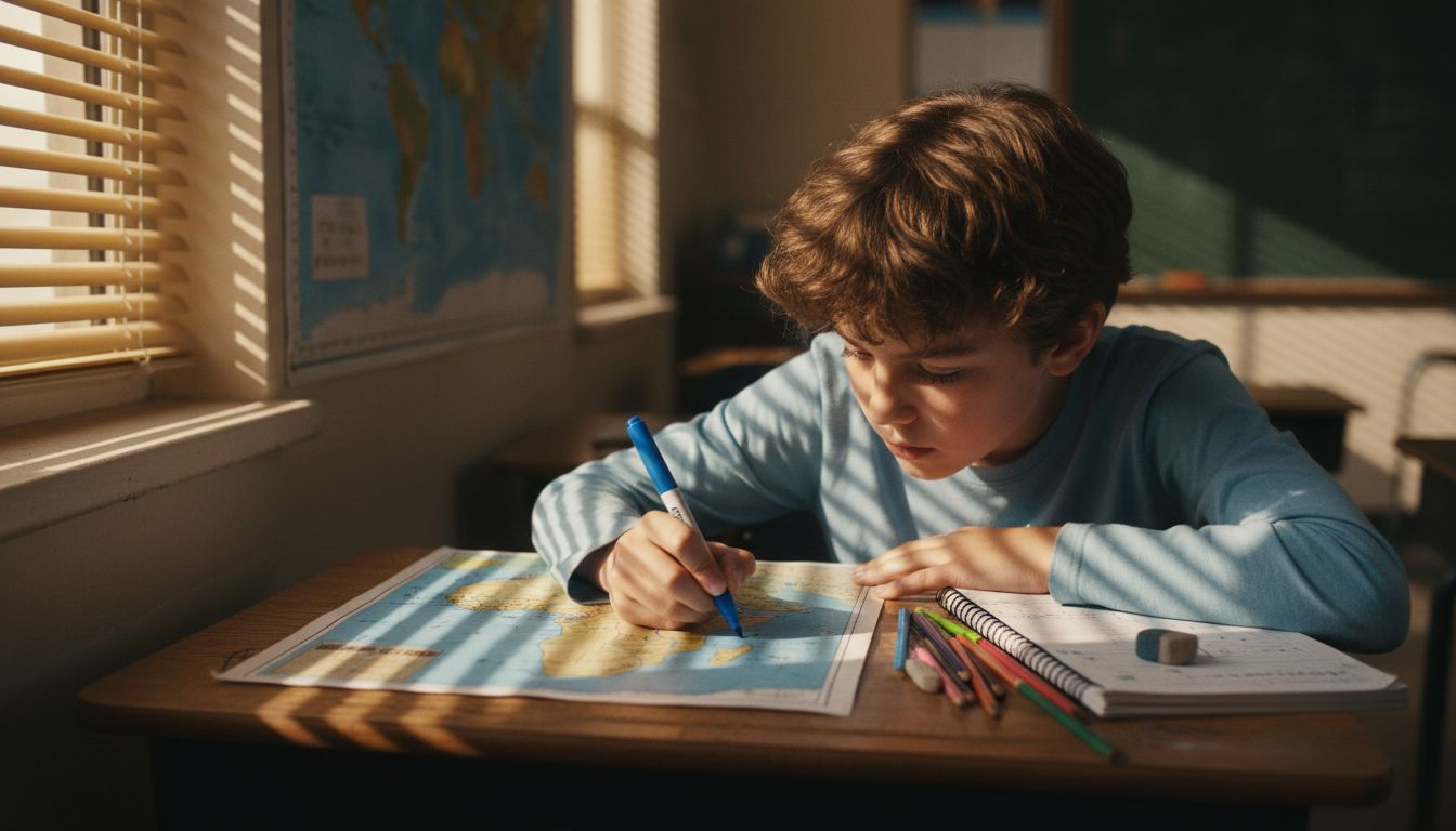 Student tracing Africa on paper map