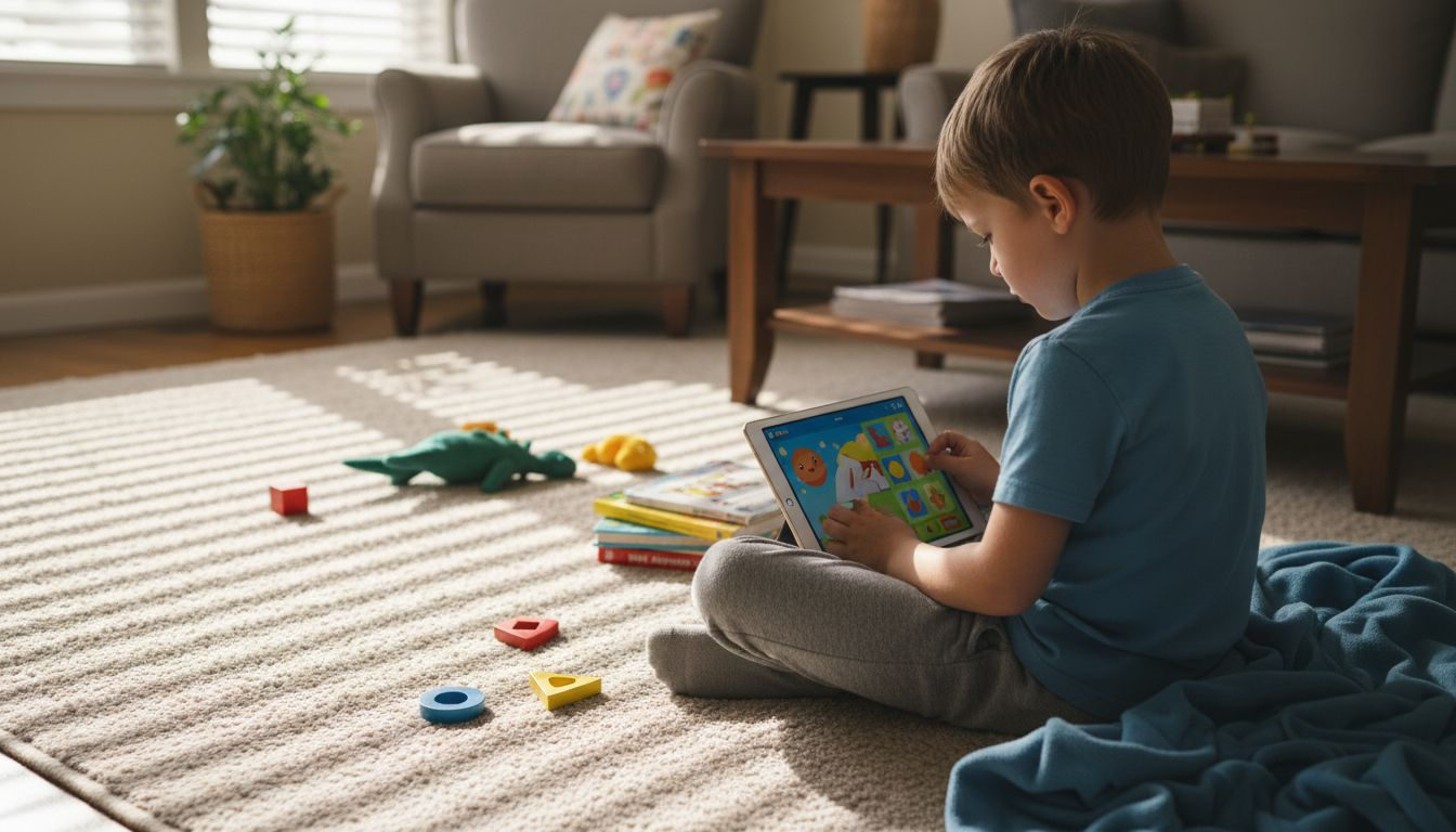 Child playing educational tablet game in living room