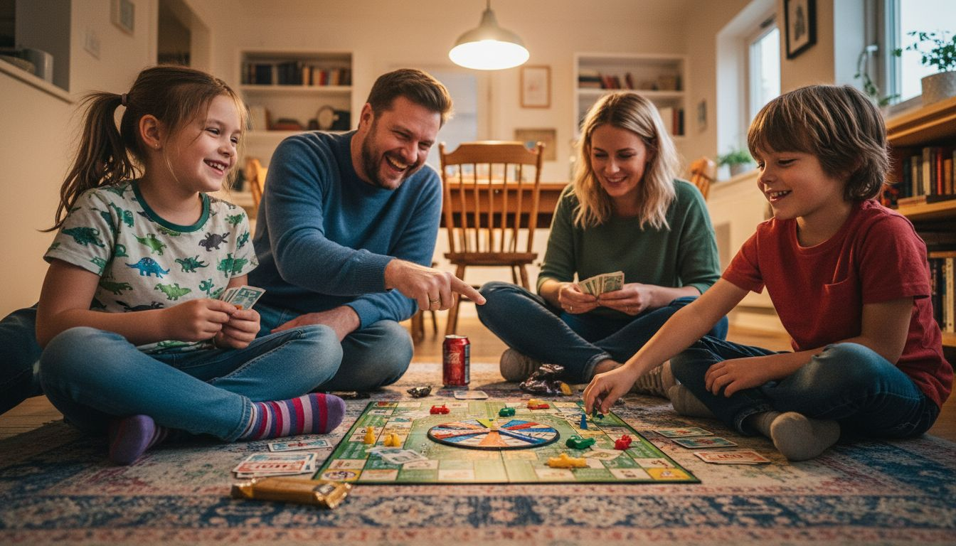 Parents and kids laughing during board game