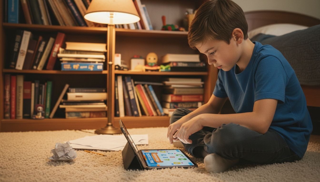 Boy focused on tablet educational game