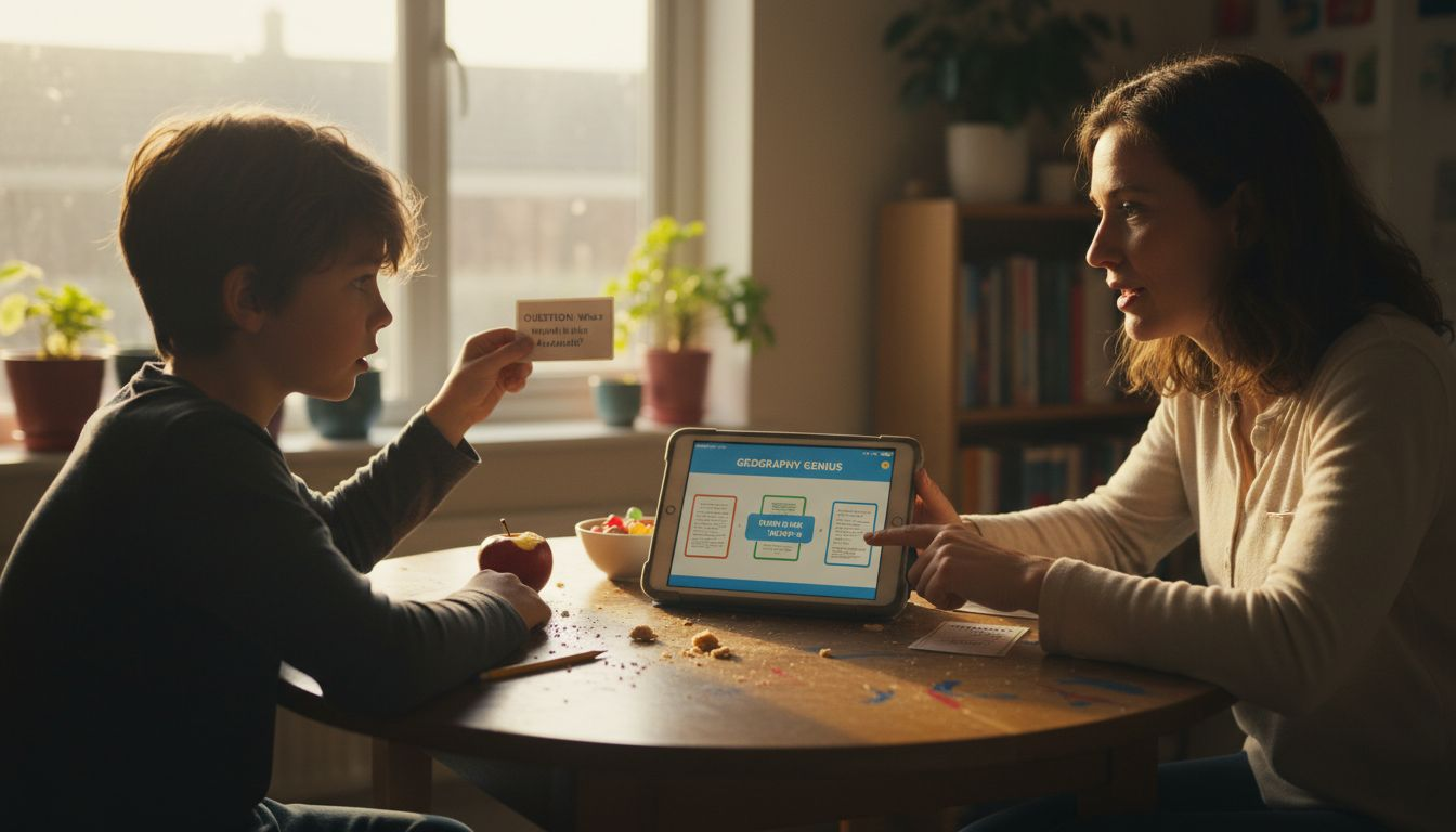 Parent and child playing digital card game