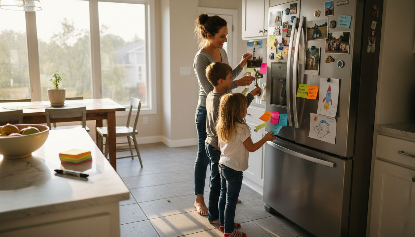 Family making colorful interest board on fridge