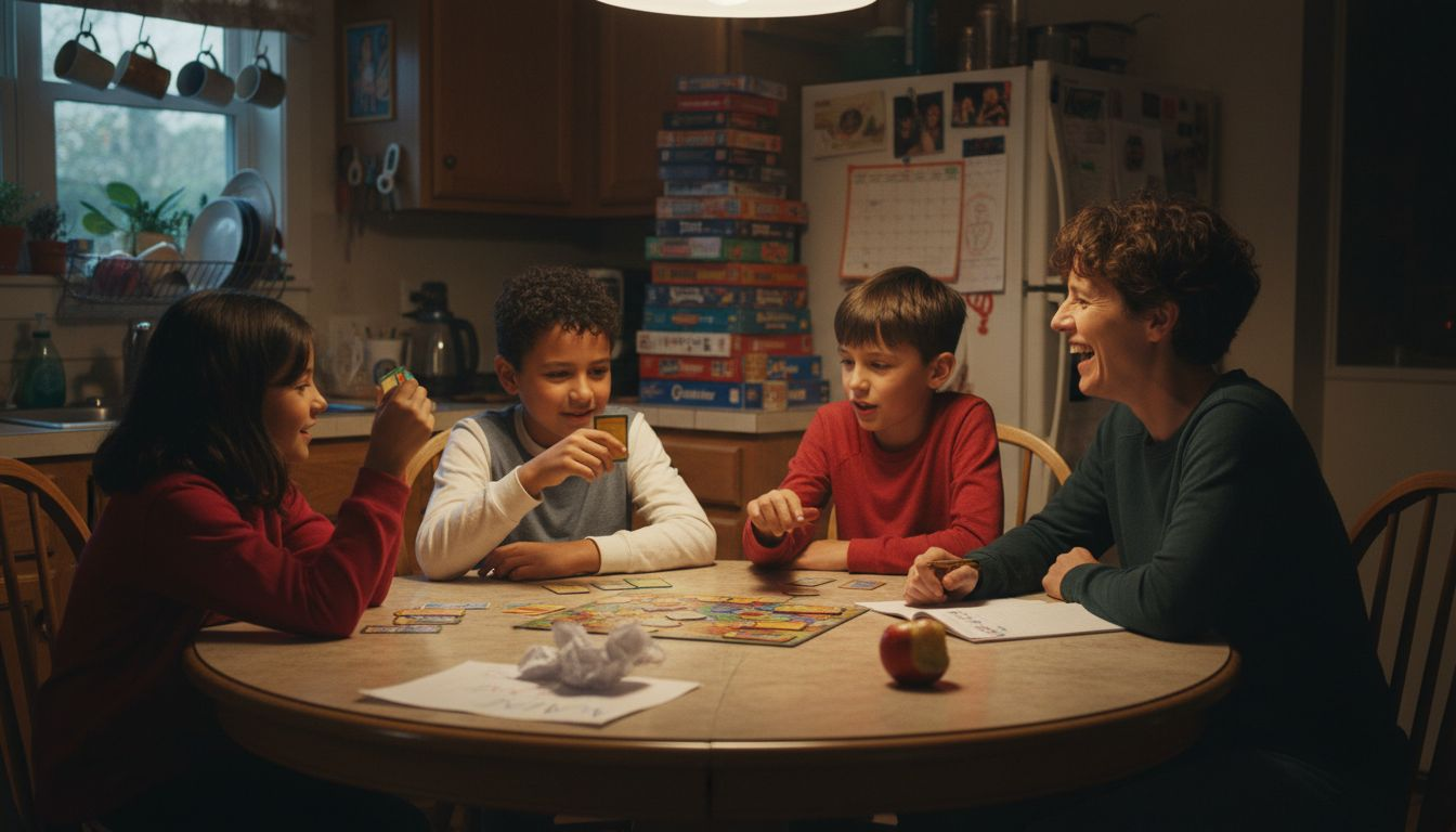 Children and adult collaborating over board game