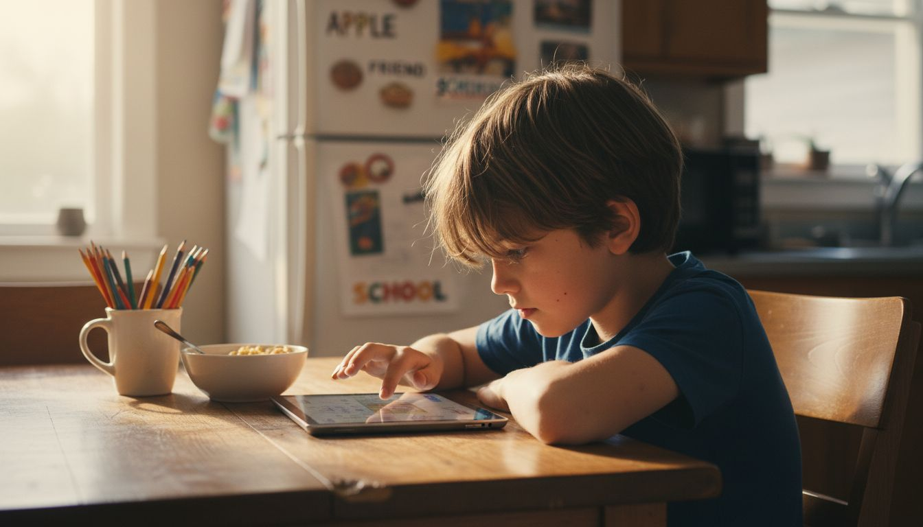 Boy using tablet to learn at kitchen table