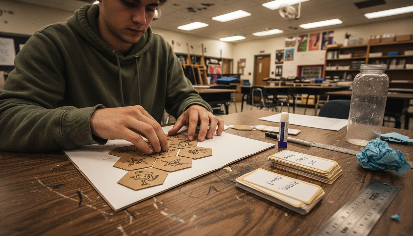 Board game prototype assembly in classroom