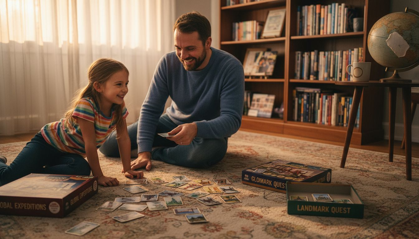 Family learning geography with fun card games