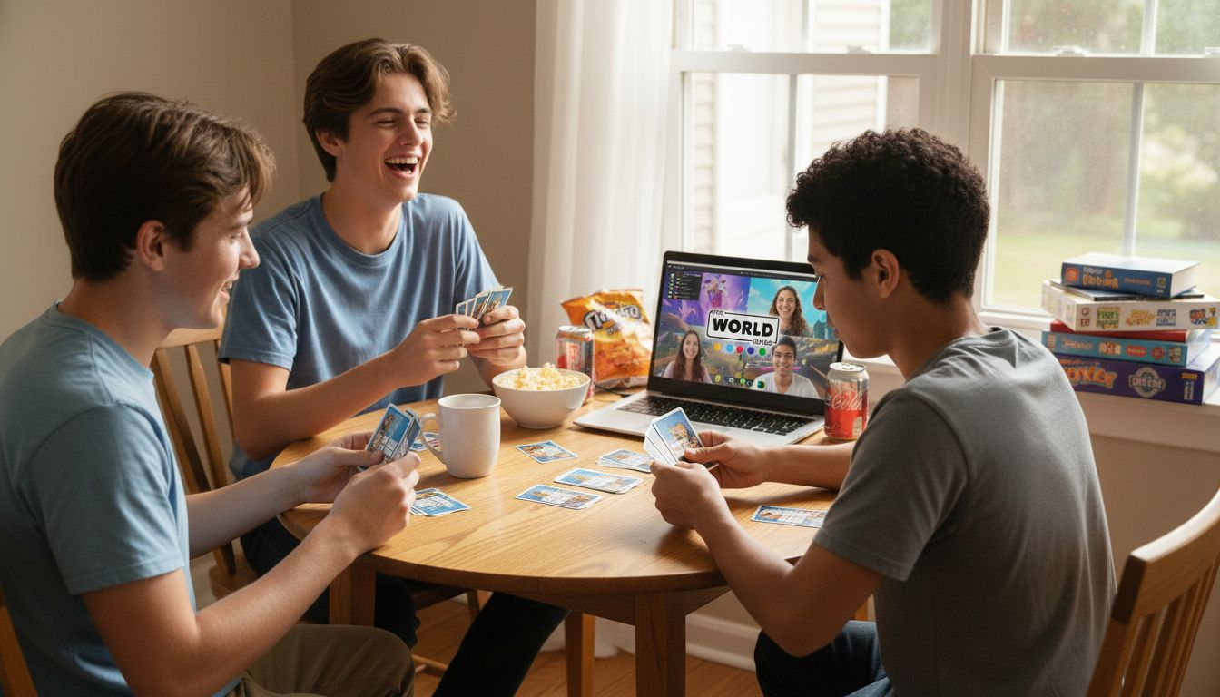 Teens play card game and online together