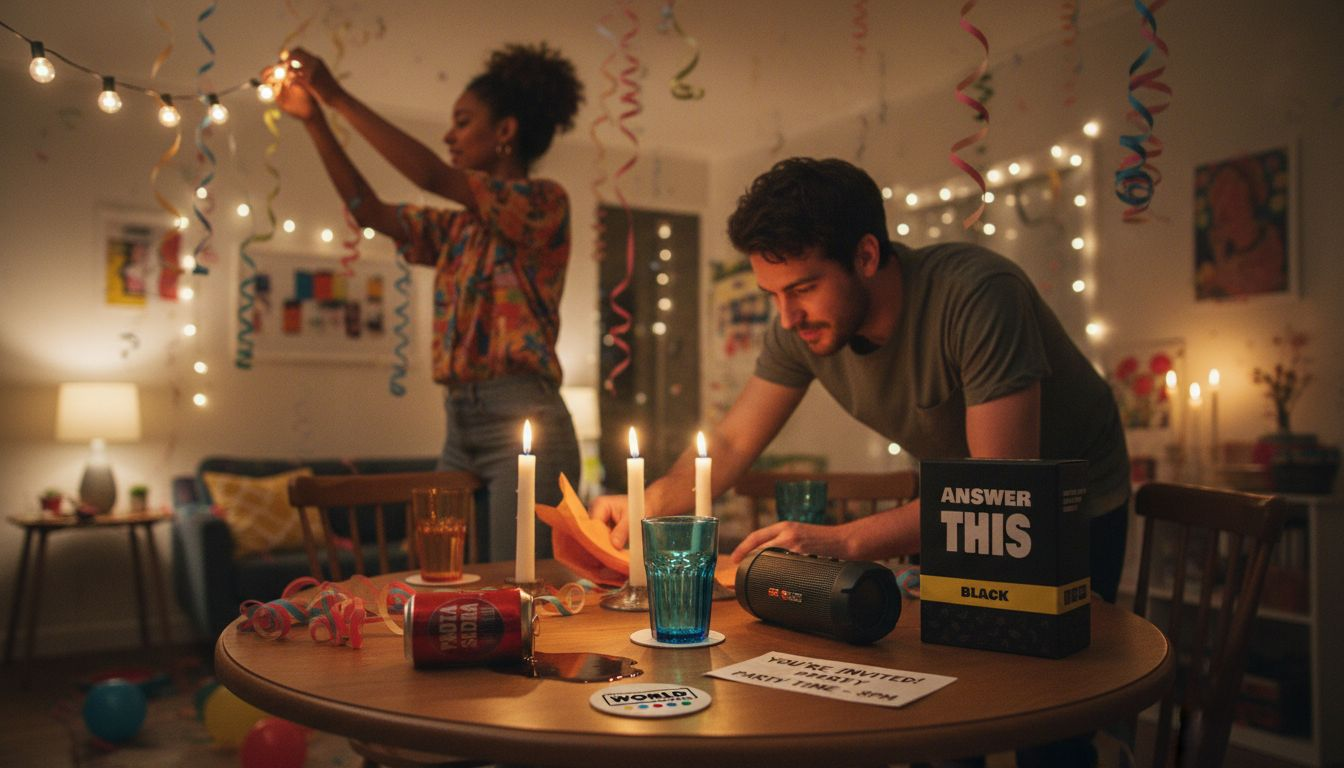 Friends arranging string lights party decorations