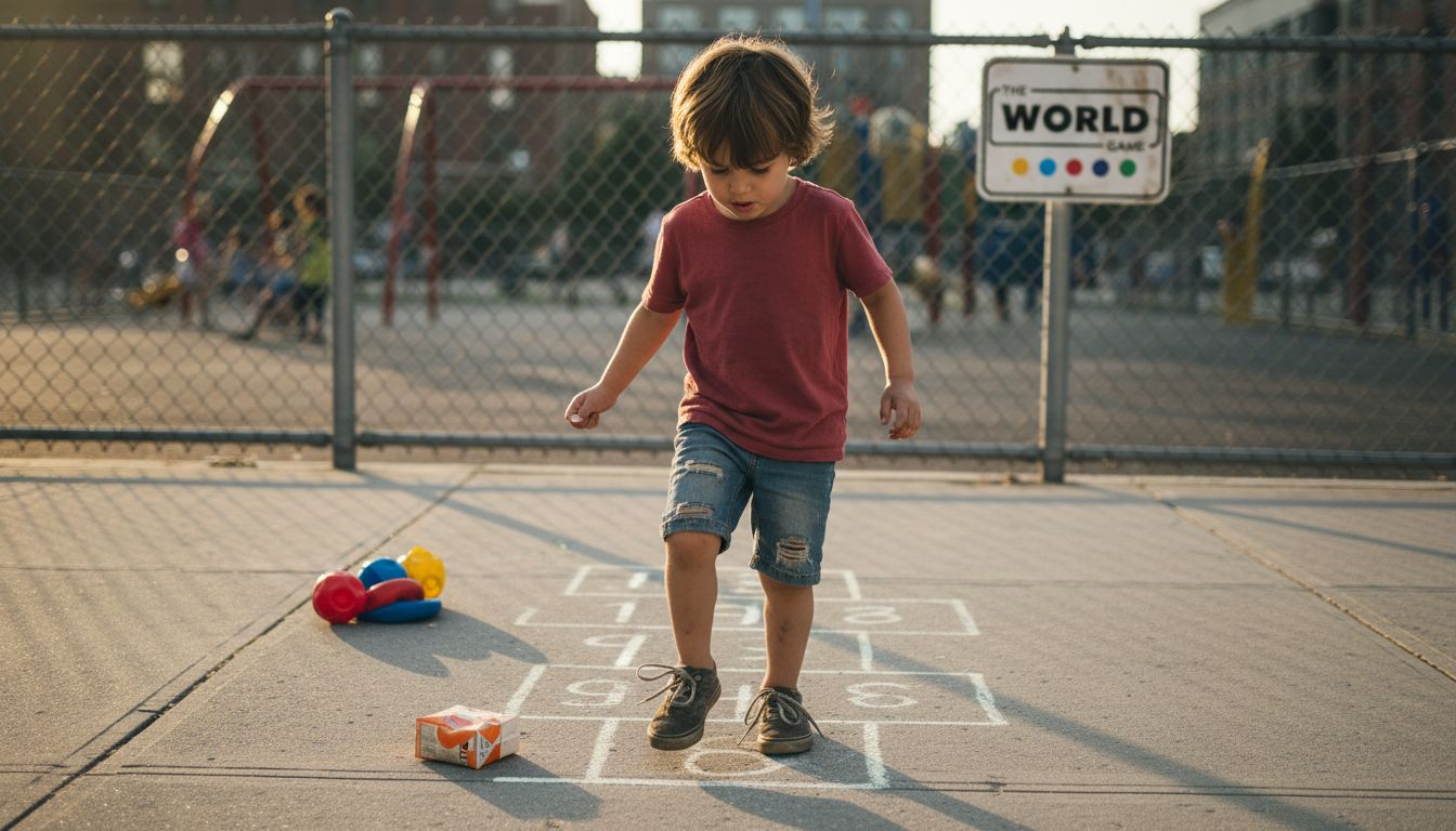 Boy balancing on hopscotch sidewalk scene