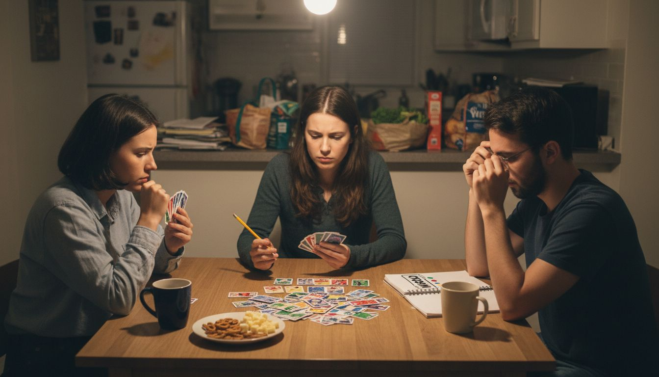 Friends concentrating on game at kitchen table