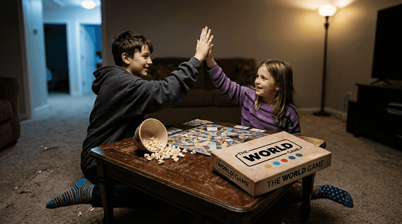 Siblings high-five after board game win