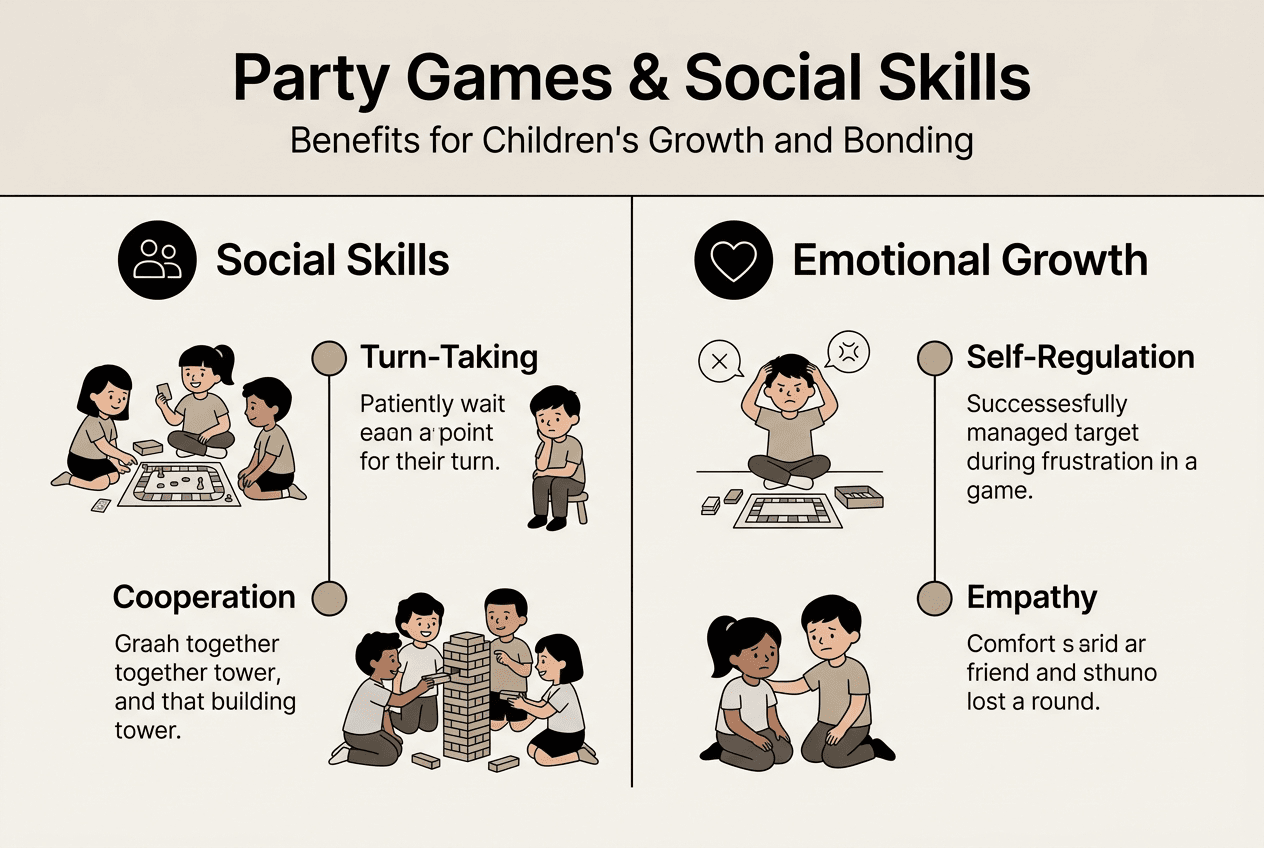 Infographic on party games and social skill benefits
