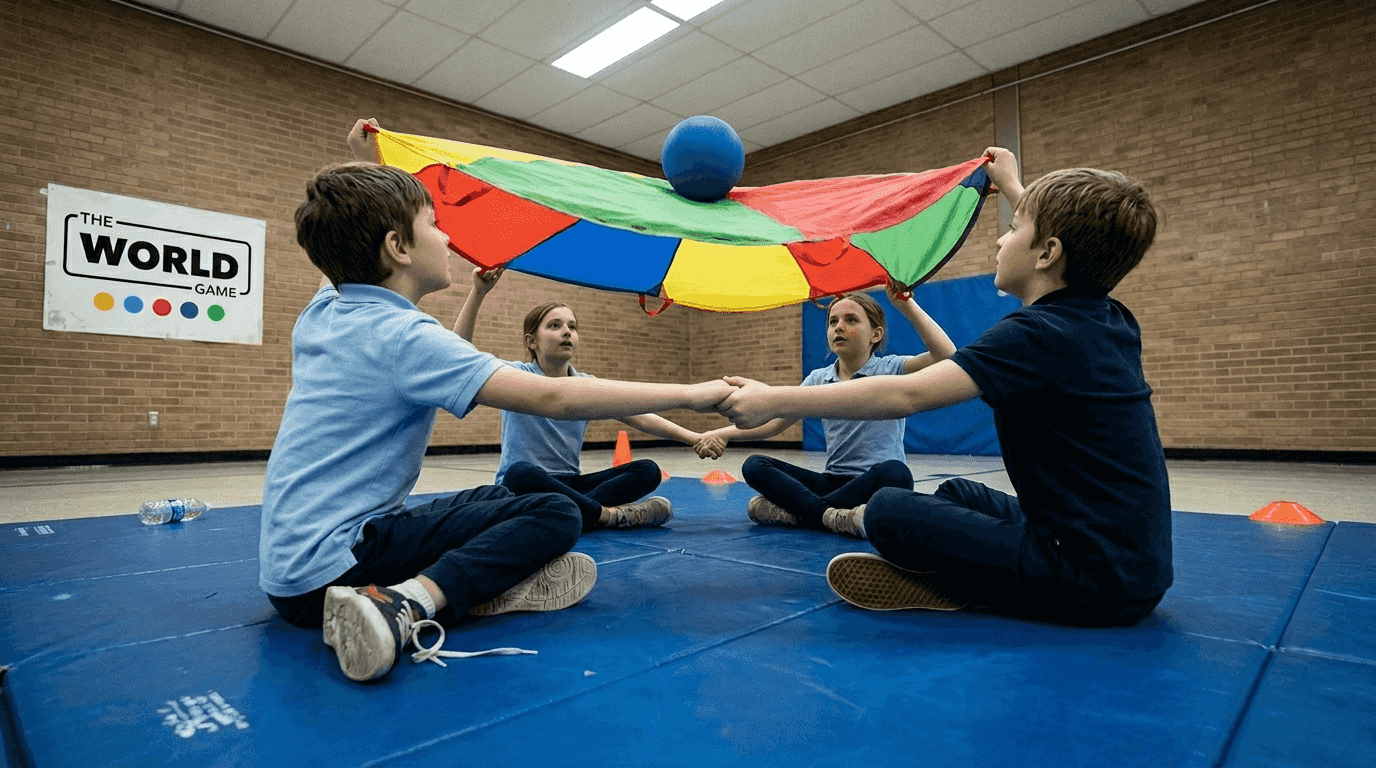 Children cooperate during parachute teamwork game