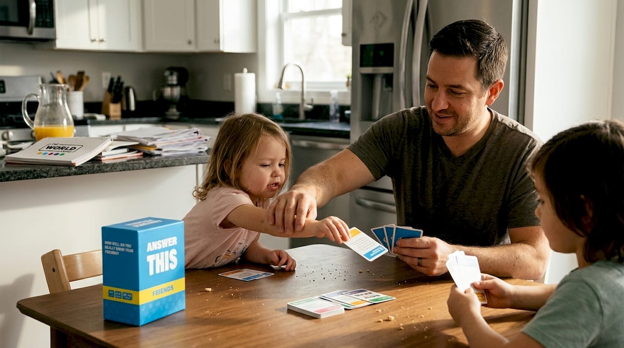 Father helping children play cooperative game
