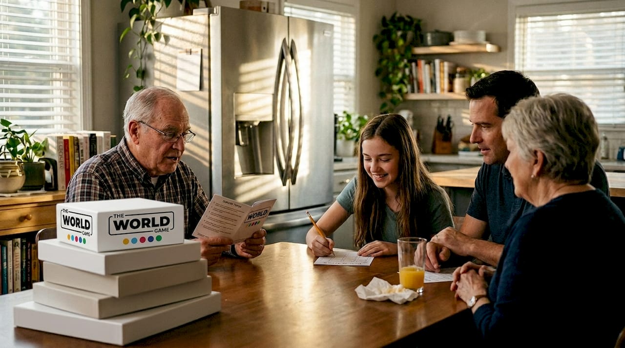 Family of all ages playing trivia at kitchen table