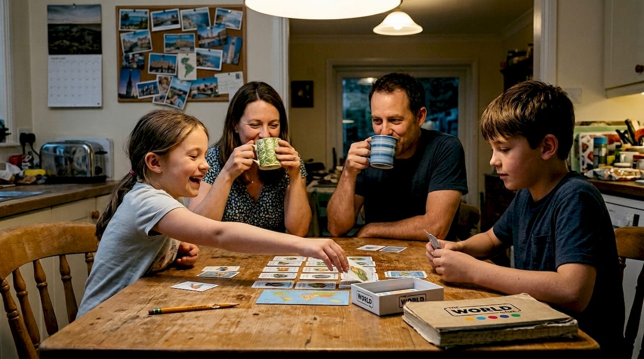 Family playing geography card game together