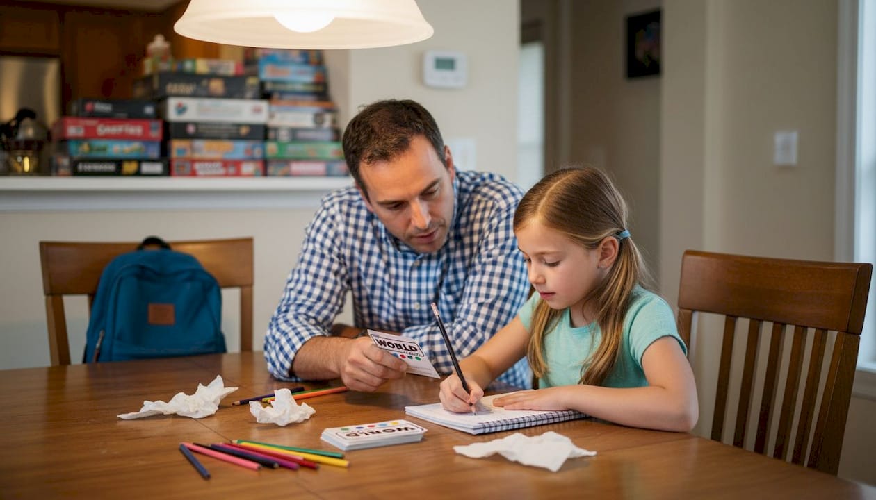 Father and daughter playing educational game