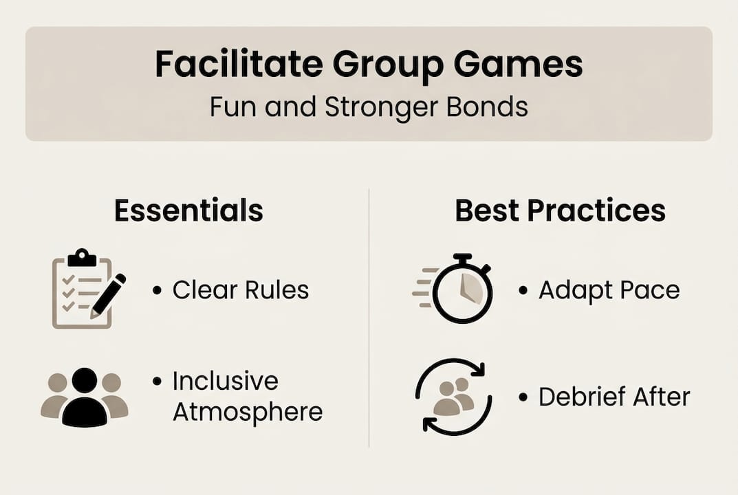 Infographic summarizing group game facilitation tips