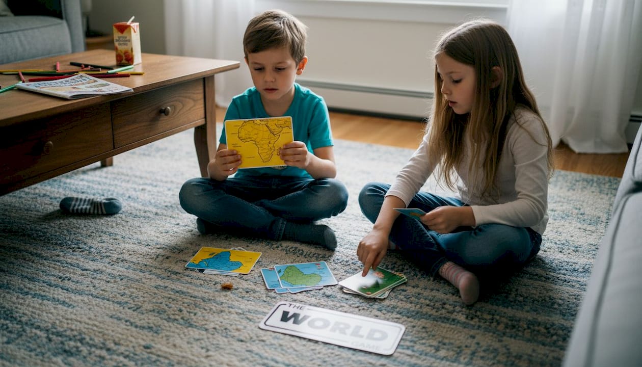 Kids matching geography cards on living room rug