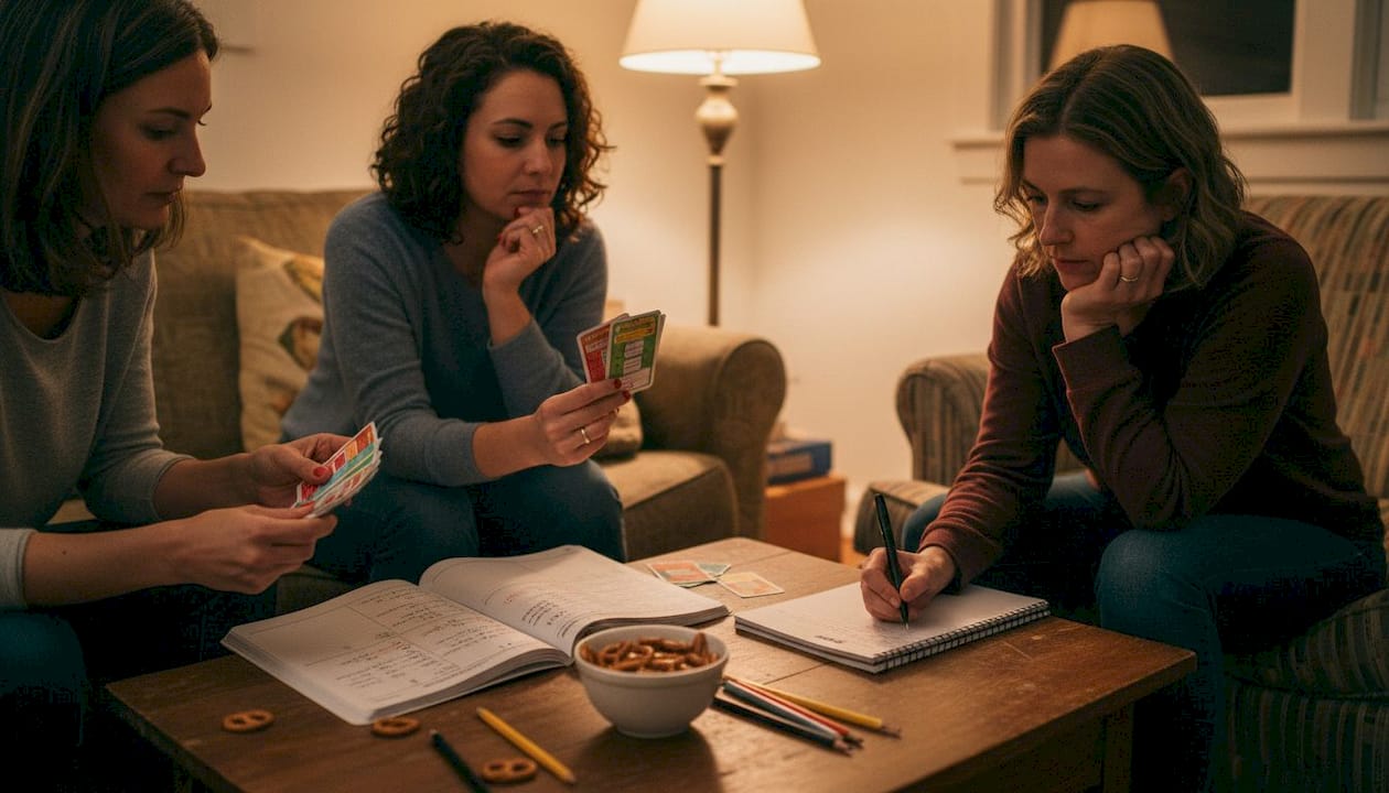 Adults playing learning card game together