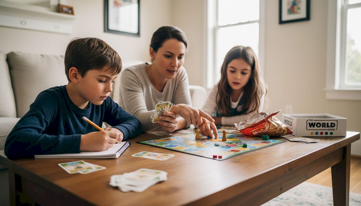Children and adult collaborating on a game