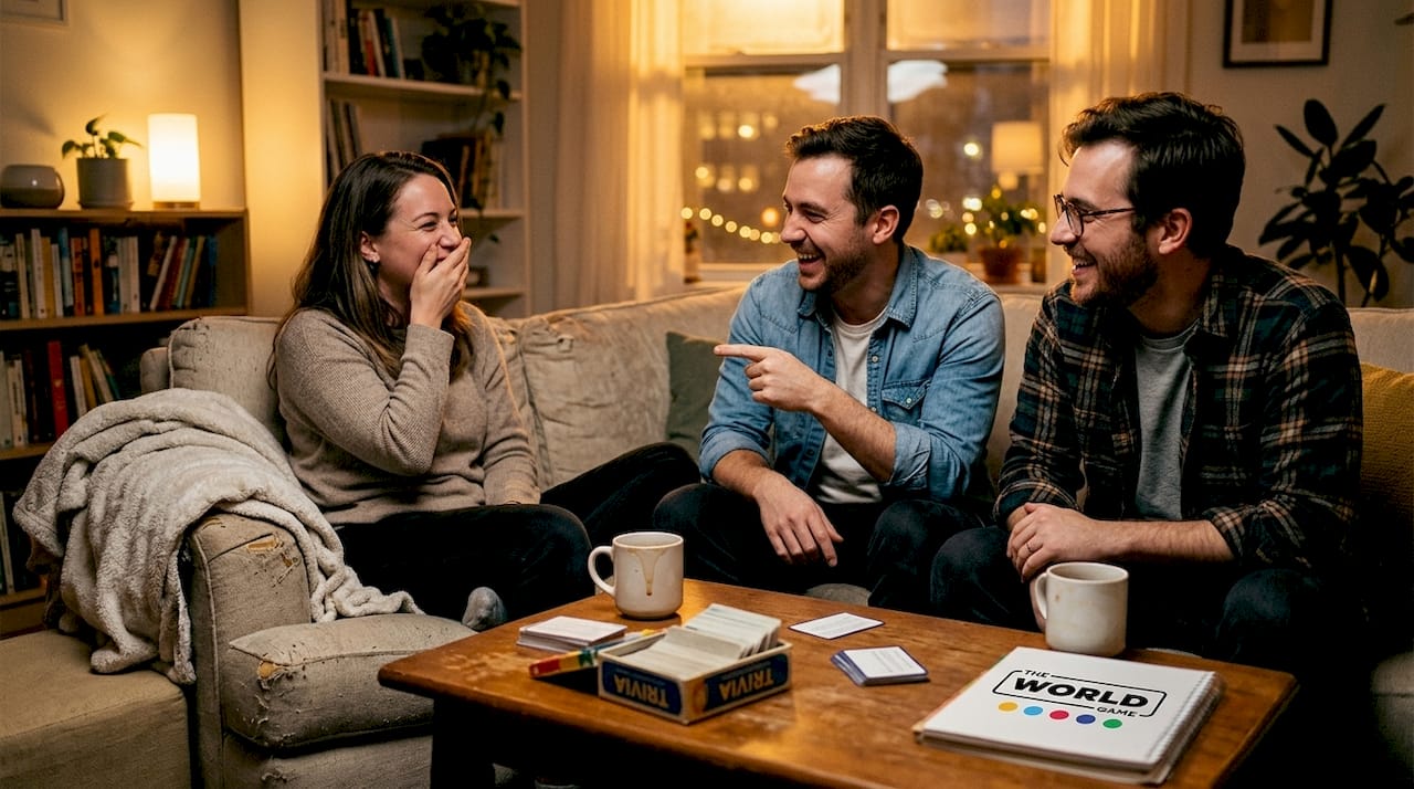 Friends laughing over trivia mistake
