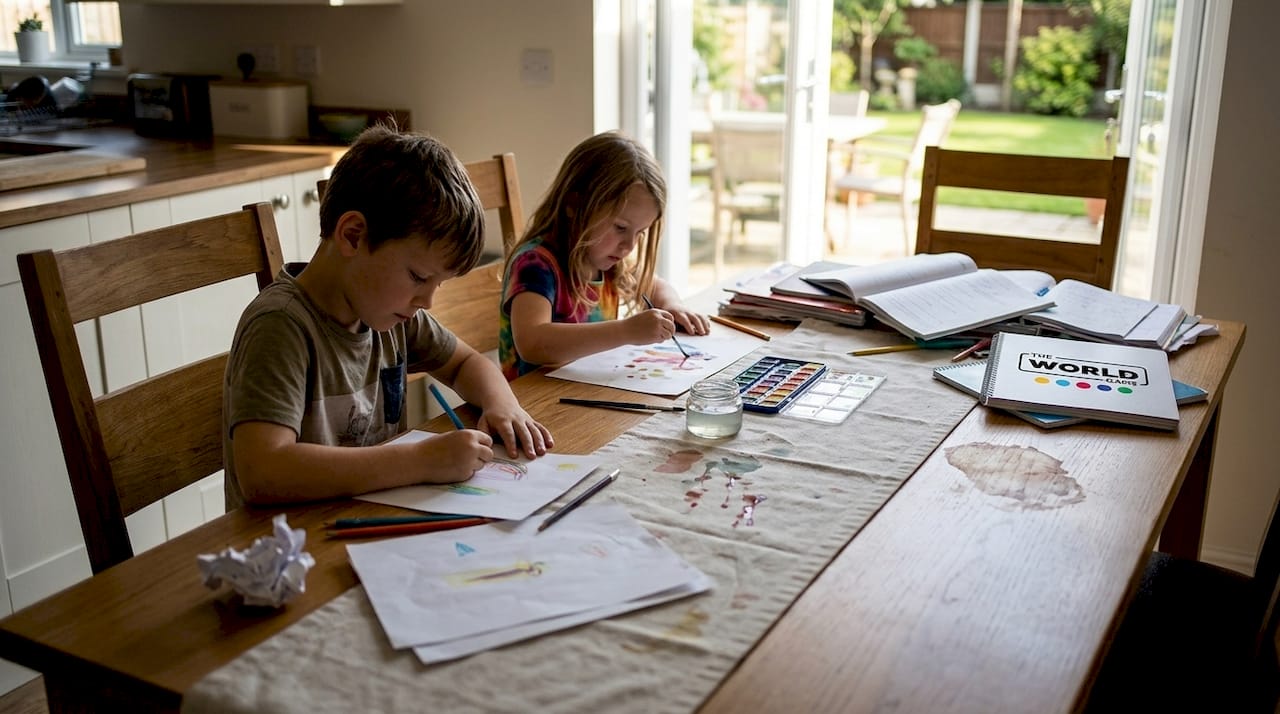 Children doing art at family kitchen table