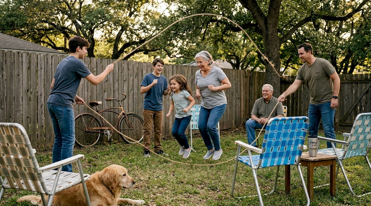 Friends playing cooperative jumprope in backyard