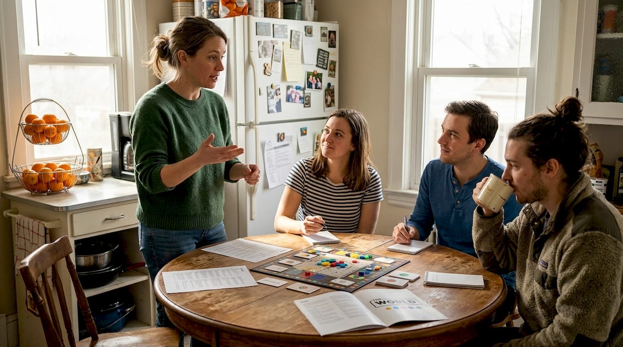 Host explaining board game rules in kitchen