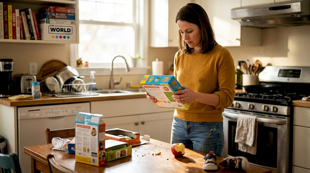 Parent checking age label on toy box