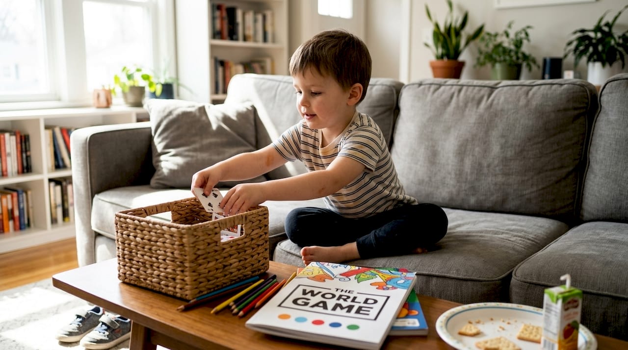 Child choosing card game on living room sofa