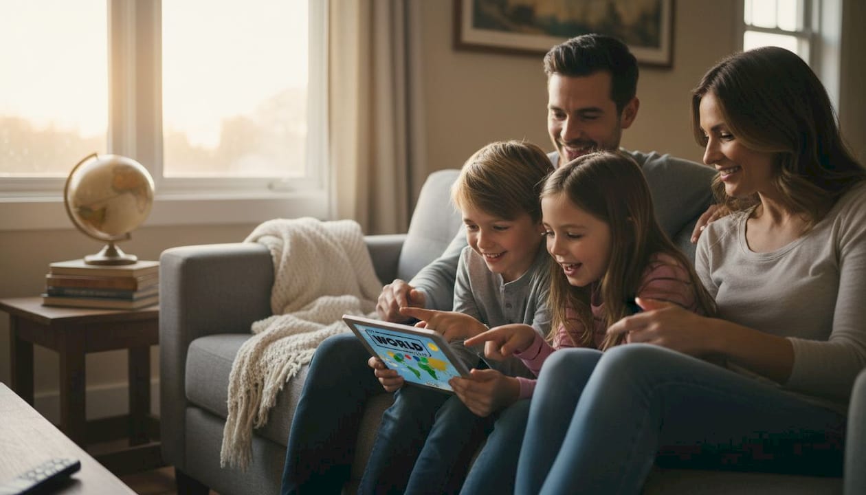 Family playing digital geography game together