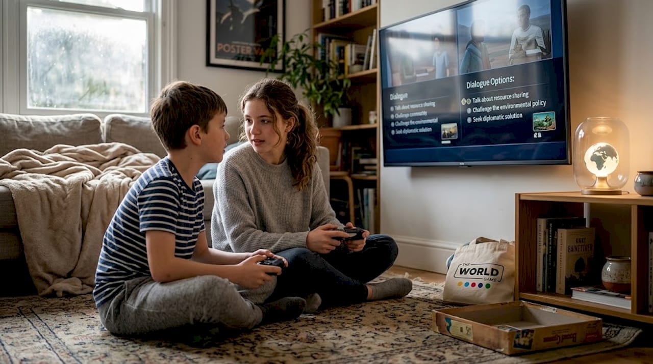 Siblings discussing choices in video game