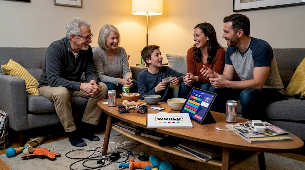 Family playing trivia night at home