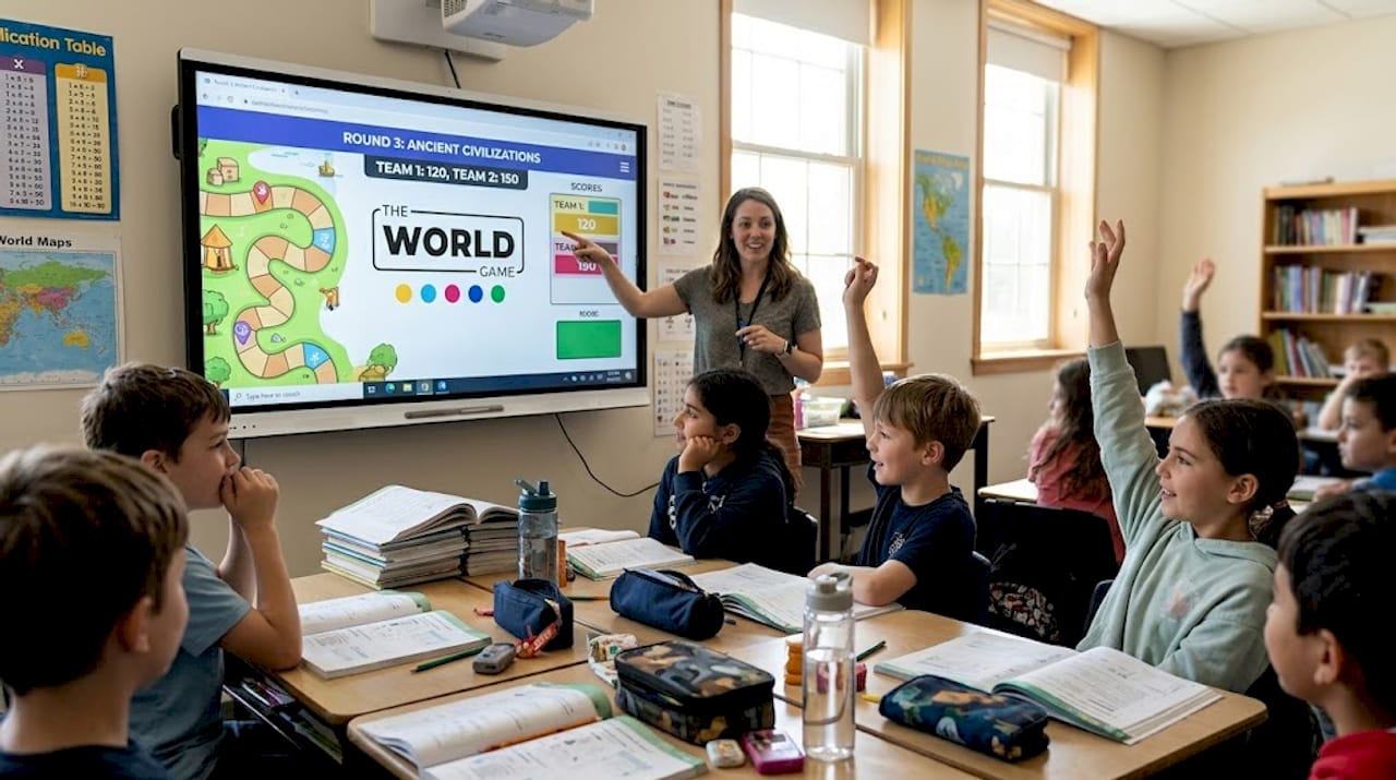 Teacher running quiz game on classroom whiteboard