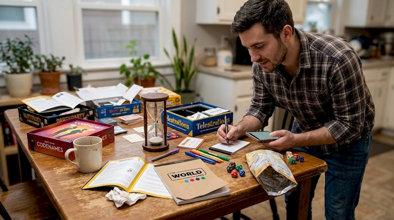 Table with party game materials and prep