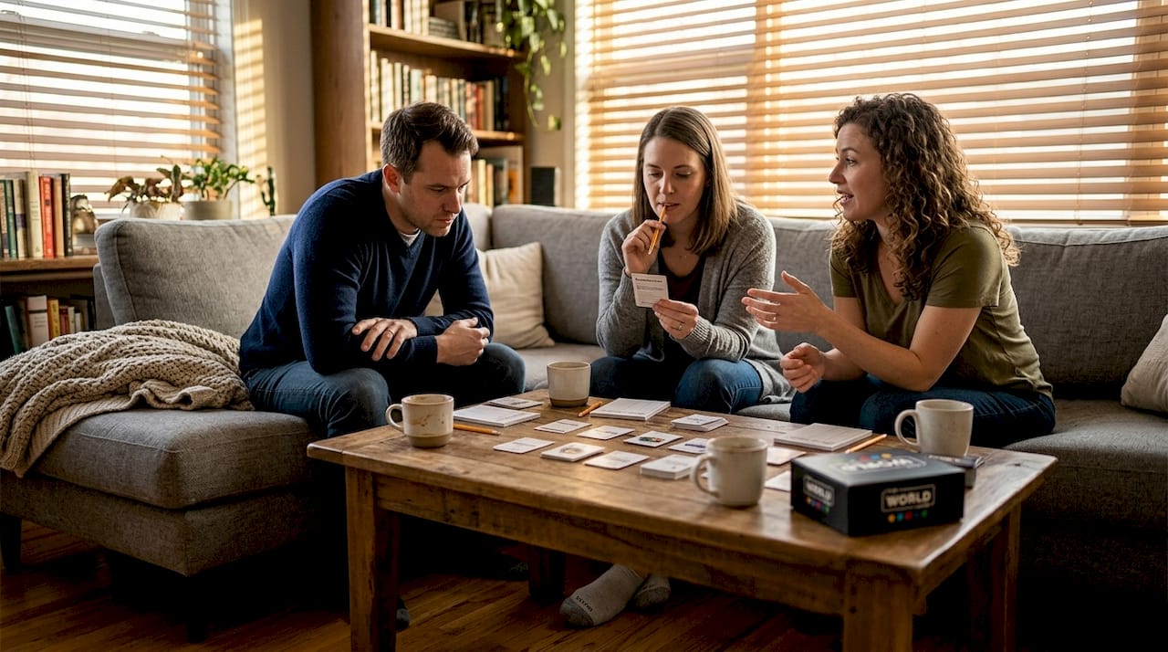 Friends collaborating during a board game